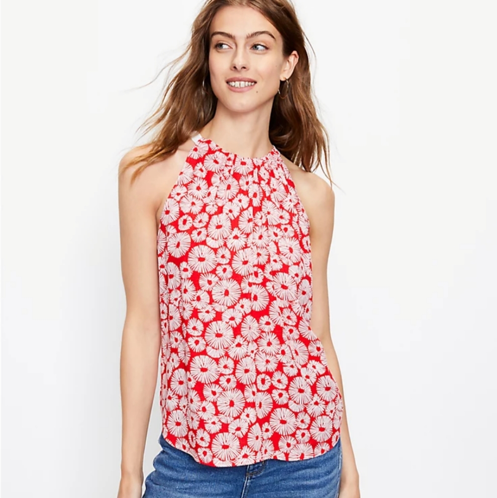 LOFT Halter Tank Top XS NWT Red White Floral Daisy Boho Pleated High Neck Blouse